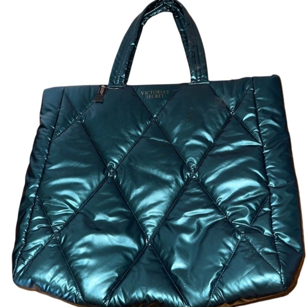Victoria's Secret Emerald Teal Metallic Quilt Puffer Tote Bag weekender carry on